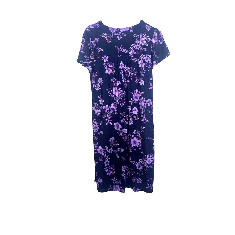 Womens Floral Print Dress Short Sleeve Button Front Relaxed Fit Medium Purple & - Picture 4 of 6